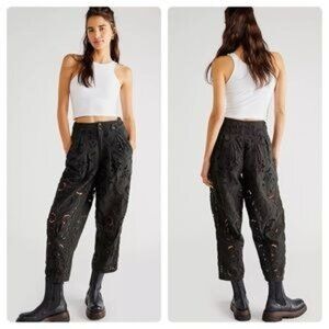 Free People Bali Belle Cutwork Pants Trousers Black Eyelet Size 2 $268 NEW